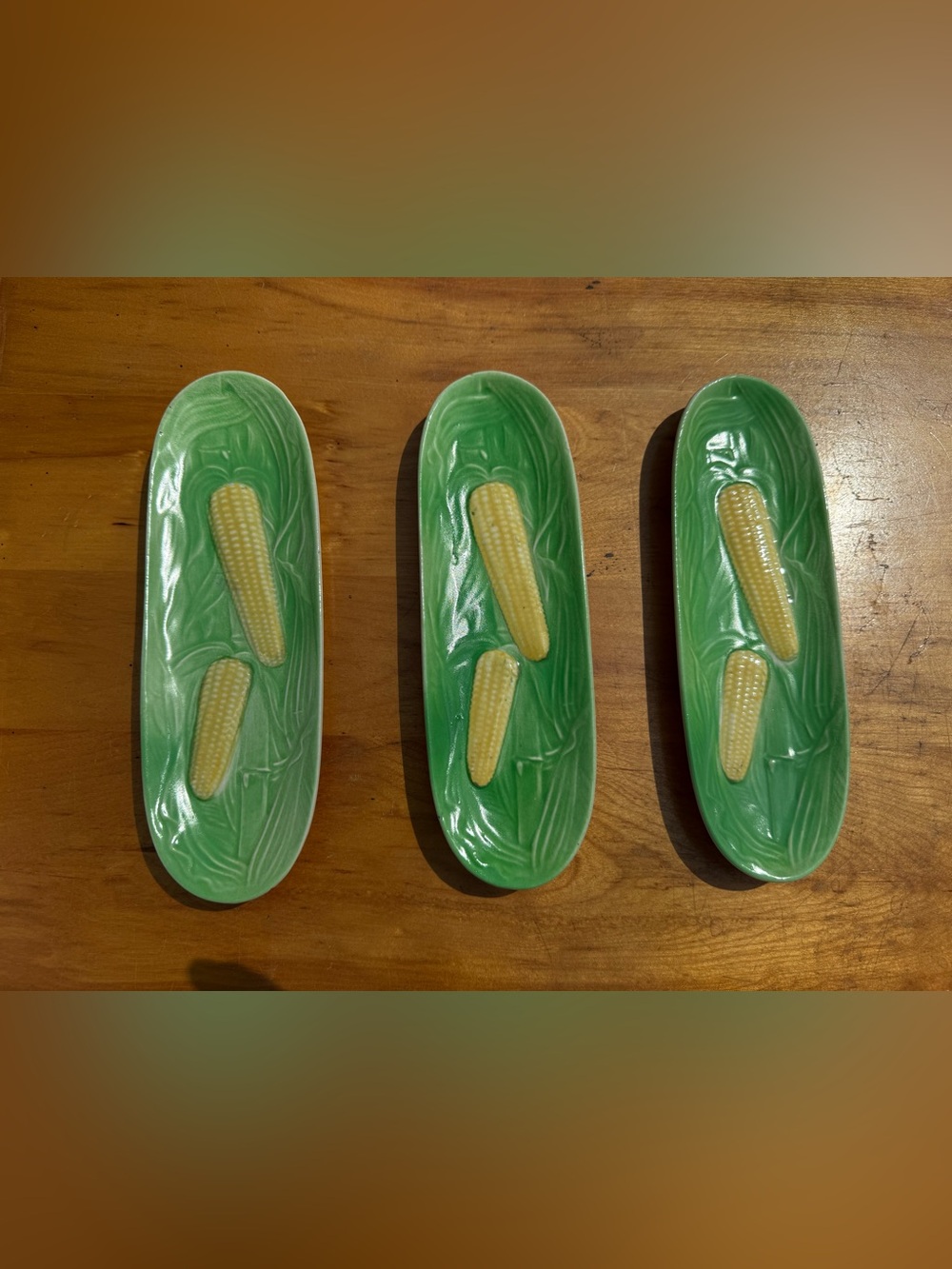 Vintage Ceramic Corn on the Cob Dishes - Green & Yellow Set of 3